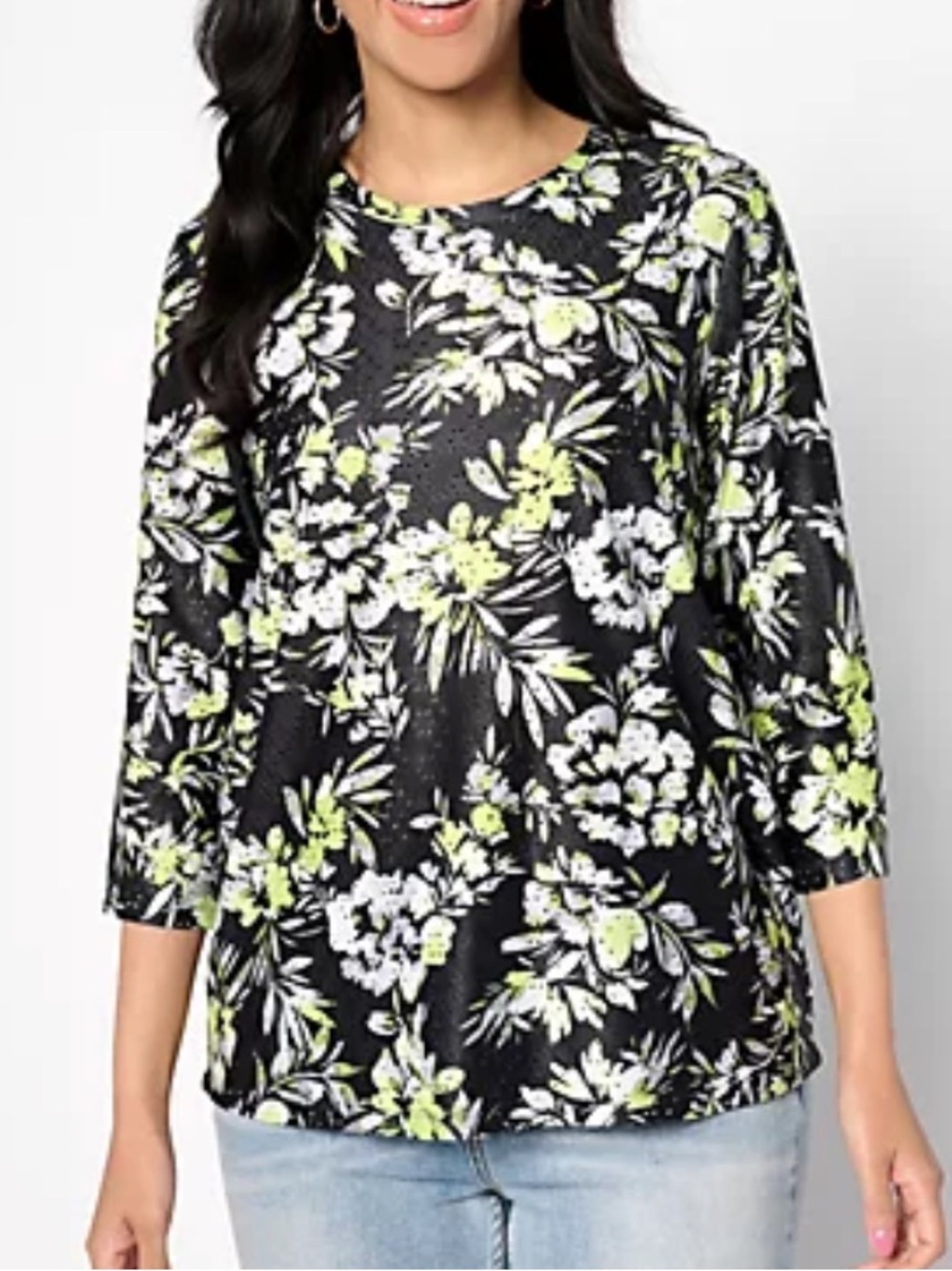 LOGO Layers Lori Goldstein Floral Eyelet Lace Tunic Top Green black 2X
